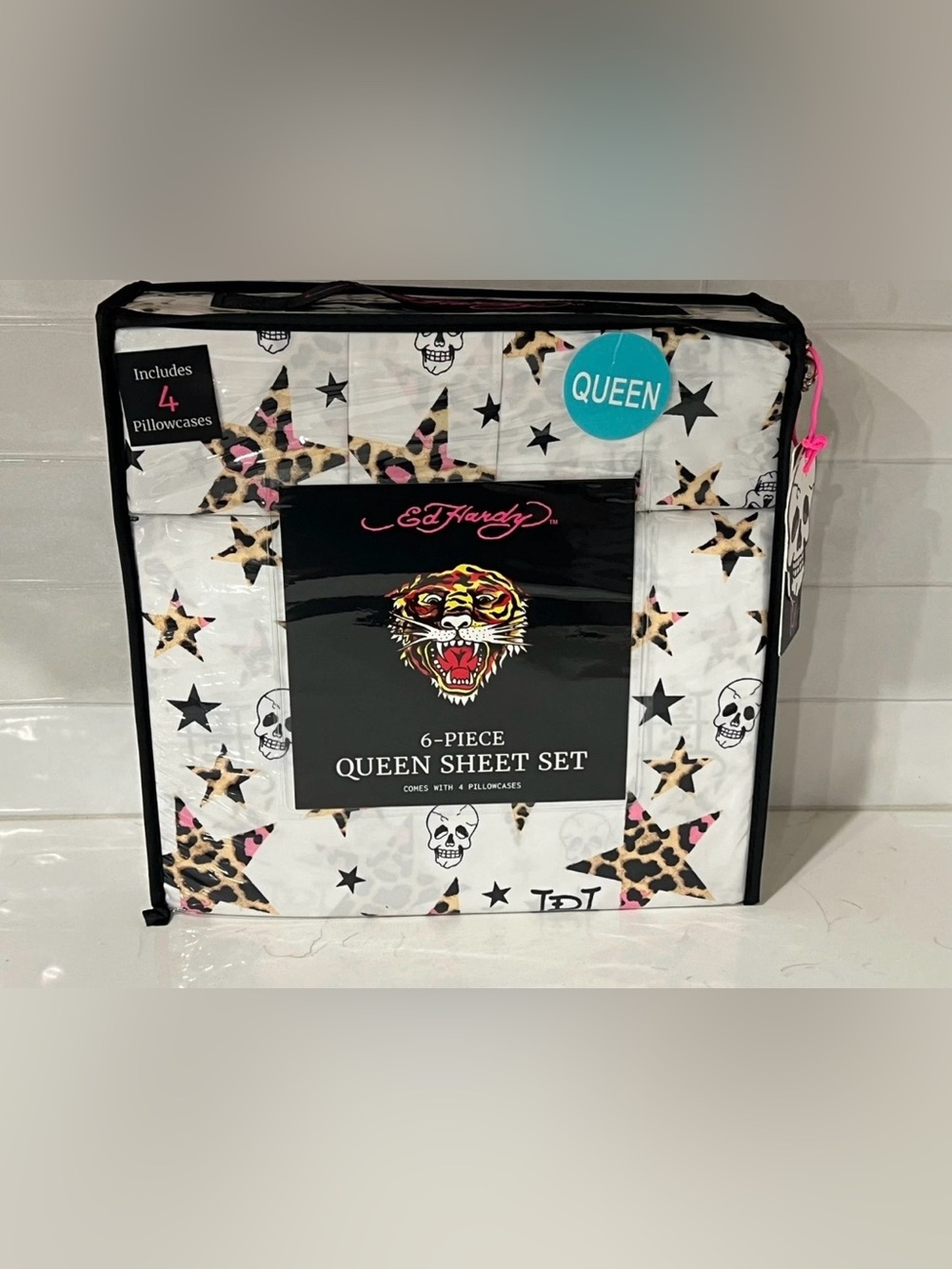 ED HARDY QUEEN Sheet Set 6pc New Skull Star Leopard Cheetah Tattoo Y2K White